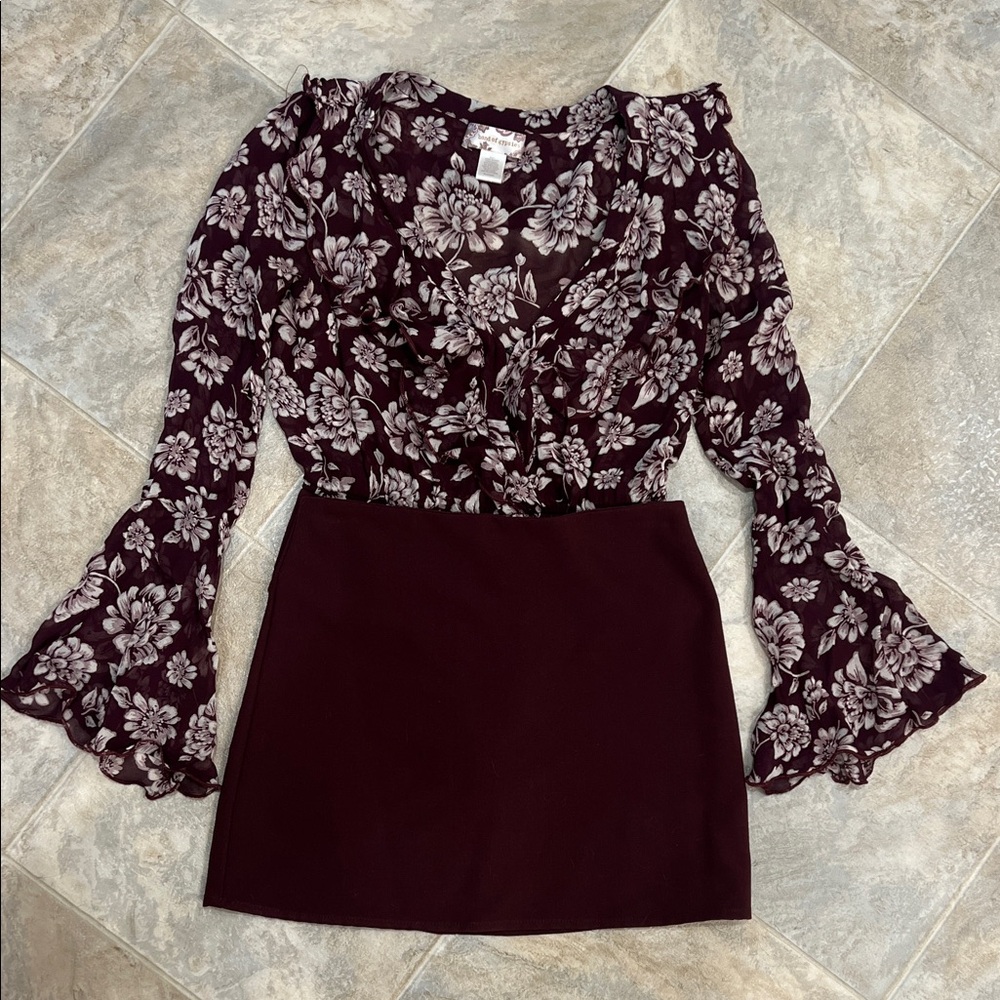 Band of Gypsies Floral Ruffle Sleeve Blouse and Skirt Set Burgundy